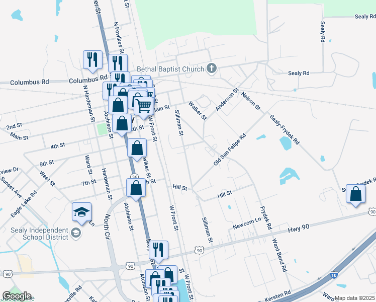 map of restaurants, bars, coffee shops, grocery stores, and more near 626 Silliman Street in Sealy