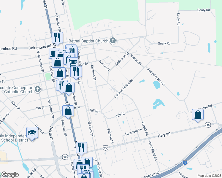 map of restaurants, bars, coffee shops, grocery stores, and more near 705 Frydek Road in Sealy