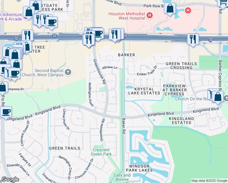 map of restaurants, bars, coffee shops, grocery stores, and more near 19102 Sycamore Park Court in Houston