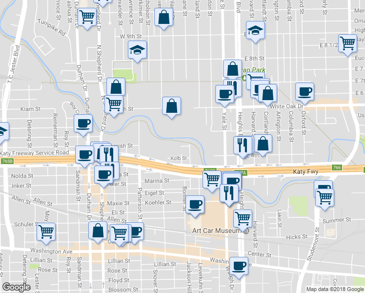 map of restaurants, bars, coffee shops, grocery stores, and more near 4125 Bonner View Lane in Houston