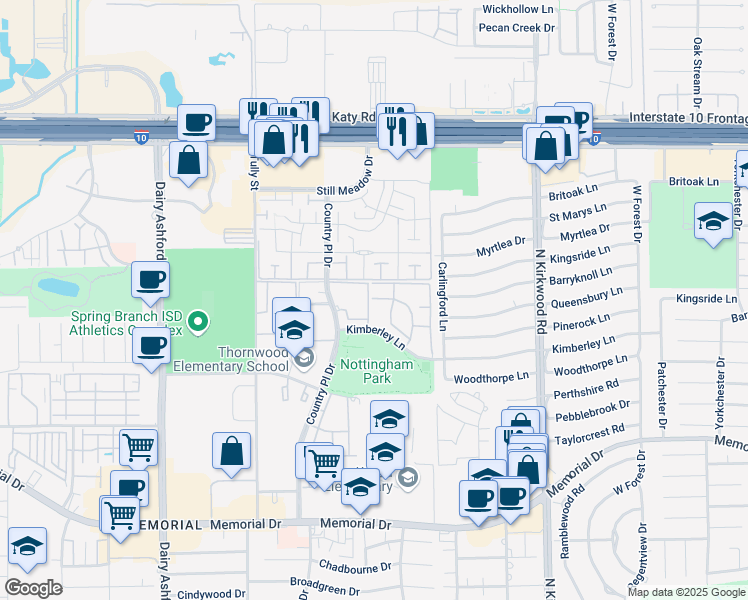 map of restaurants, bars, coffee shops, grocery stores, and more near 14250 Kimberley Lane in Houston