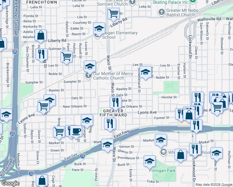 map of restaurants, bars, coffee shops, grocery stores, and more near in Houston