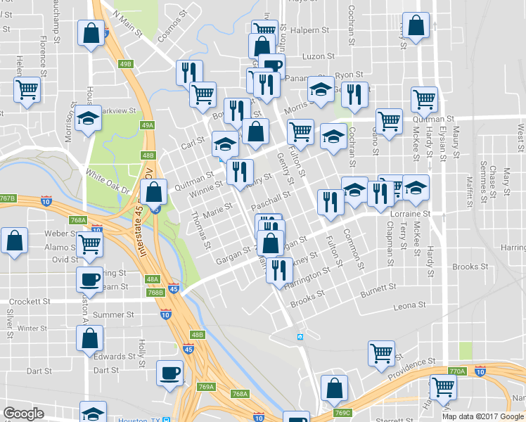 map of restaurants, bars, coffee shops, grocery stores, and more near 2005 Everett Street in Houston