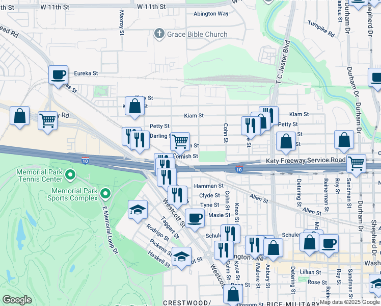 map of restaurants, bars, coffee shops, grocery stores, and more near 5721 Cornish Street in Houston