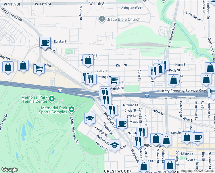 map of restaurants, bars, coffee shops, grocery stores, and more near 10043 Sherwin Street in Houston