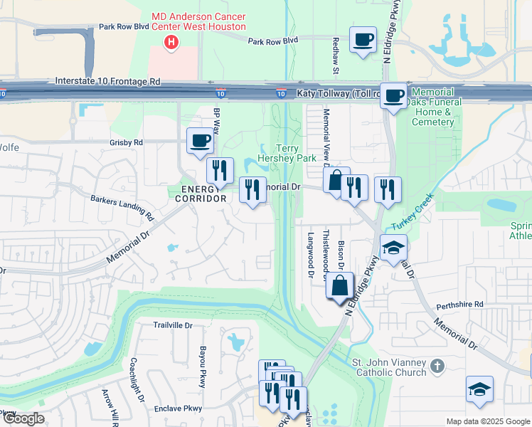 map of restaurants, bars, coffee shops, grocery stores, and more near 15377 Memorial Drive in Houston