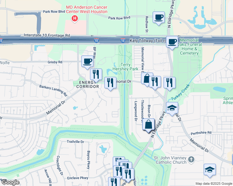 map of restaurants, bars, coffee shops, grocery stores, and more near 15375 Memorial Drive in Houston