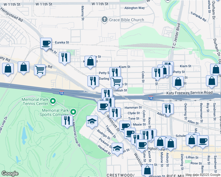 map of restaurants, bars, coffee shops, grocery stores, and more near 10043 Sherwin Street in Houston