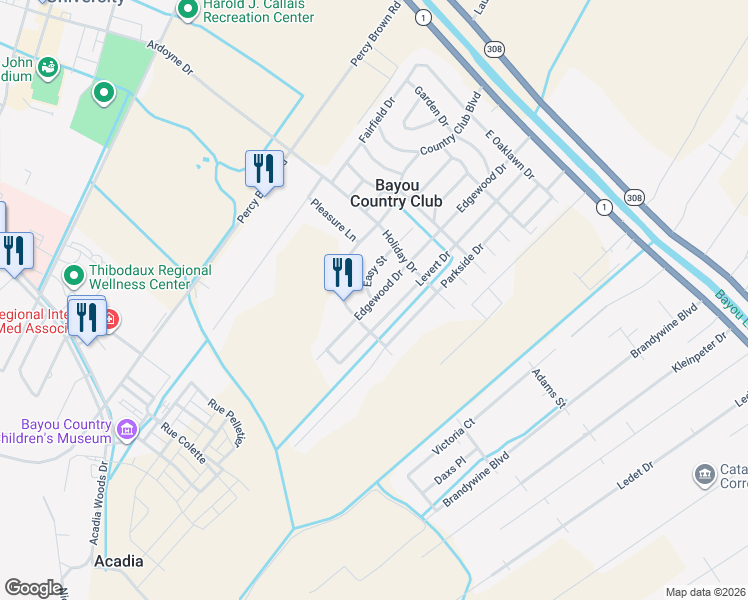 map of restaurants, bars, coffee shops, grocery stores, and more near 498 Easy St in Thibodaux