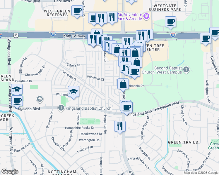 map of restaurants, bars, coffee shops, grocery stores, and more near 614 Aldersgate Court in Katy