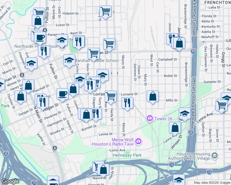 map of restaurants, bars, coffee shops, grocery stores, and more near 1802 Elysian Street in Houston
