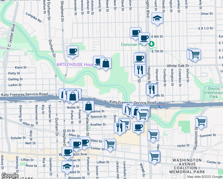 map of restaurants, bars, coffee shops, grocery stores, and more near 4122 Bonner View Lane in Houston