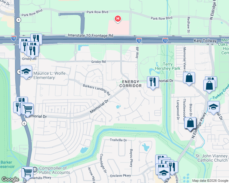 map of restaurants, bars, coffee shops, grocery stores, and more near 15571-15621 Memorial Drive in Houston