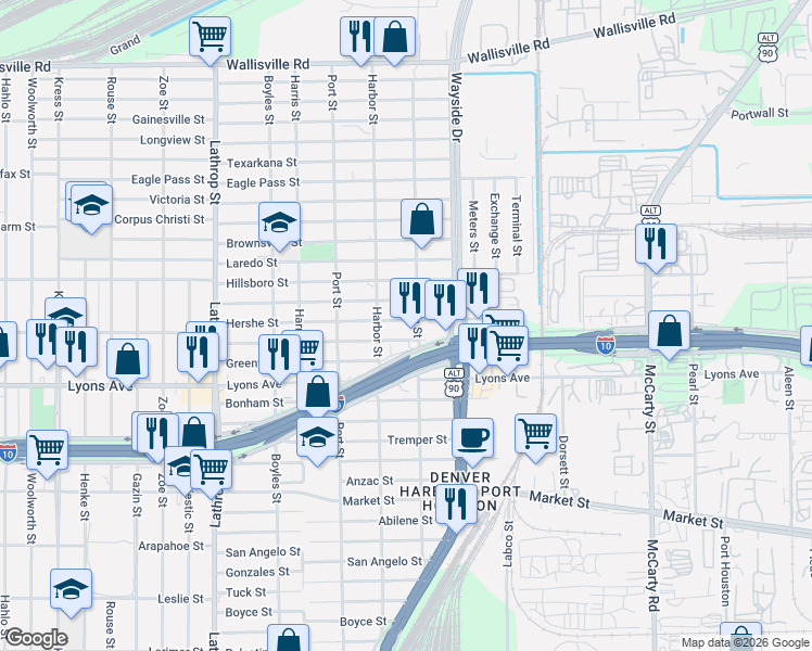 map of restaurants, bars, coffee shops, grocery stores, and more near 7434 Brownwood Street in Houston