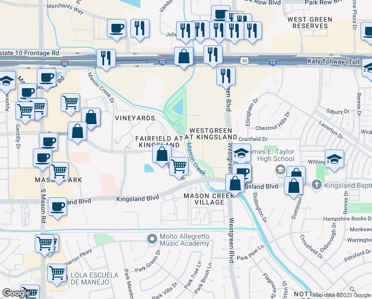 map of restaurants, bars, coffee shops, grocery stores, and more near Mason Creek Trail in Katy