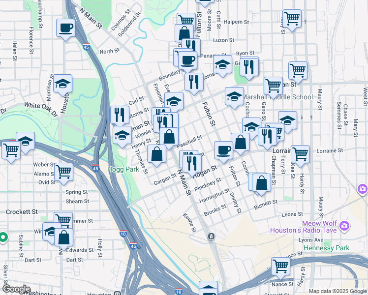map of restaurants, bars, coffee shops, grocery stores, and more near 702 Paschall Street in Houston