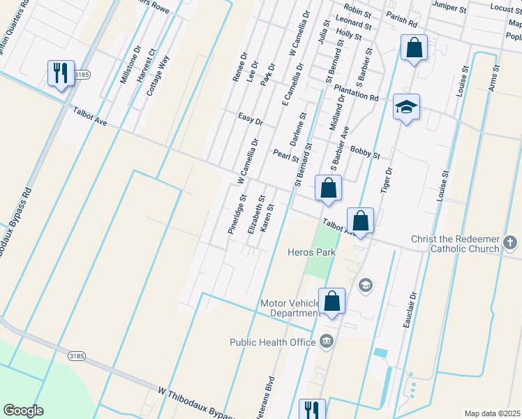 map of restaurants, bars, coffee shops, grocery stores, and more near 2409 Elizabeth Street in Thibodaux
