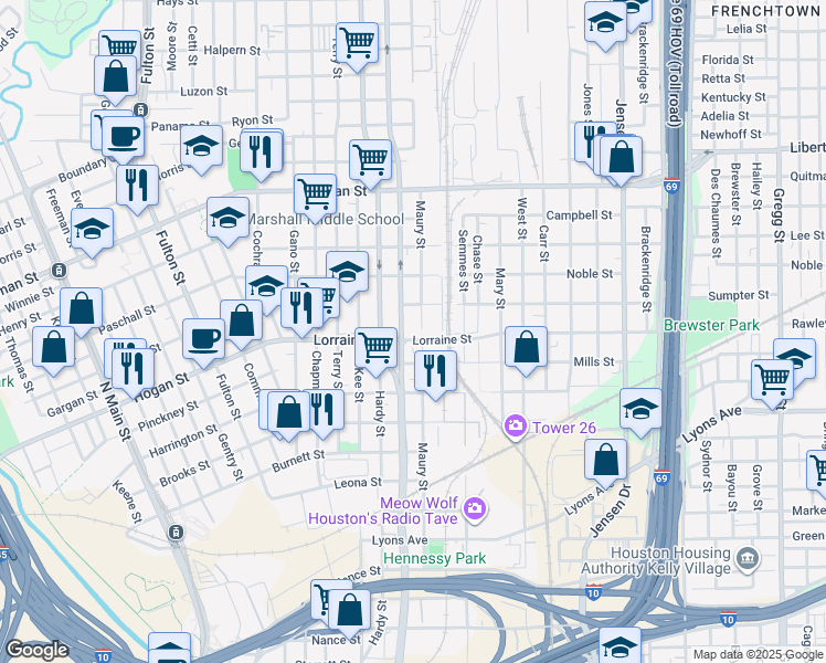 map of restaurants, bars, coffee shops, grocery stores, and more near 1802 Elysian Street in Houston