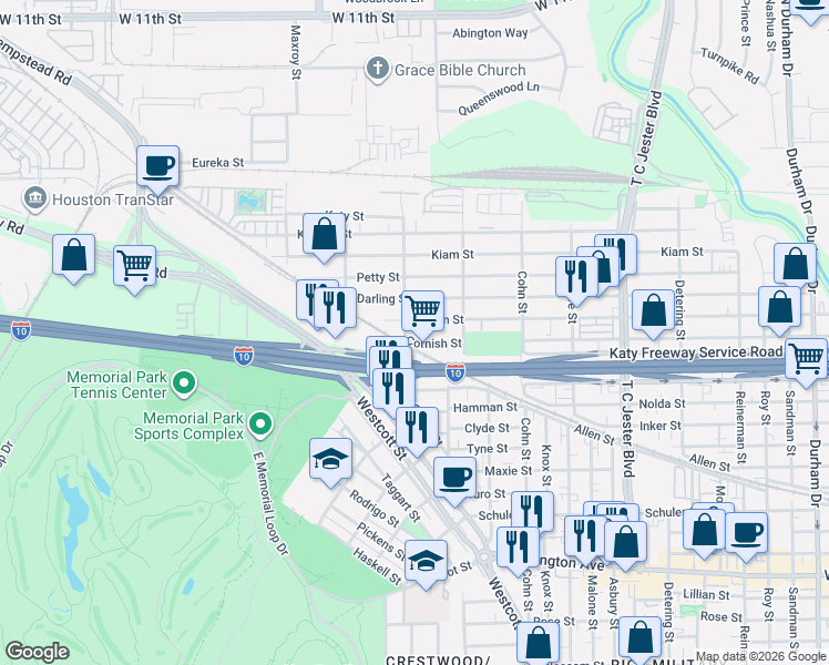 map of restaurants, bars, coffee shops, grocery stores, and more near 5721 Cornish Street in Houston