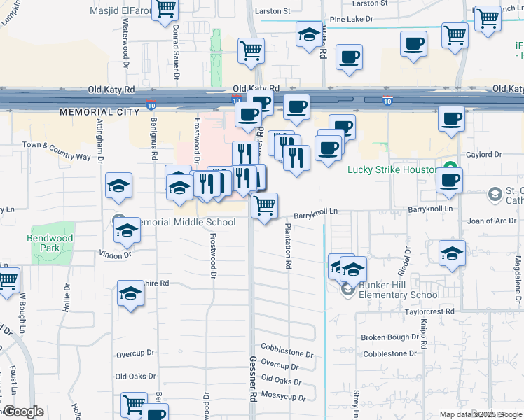 map of restaurants, bars, coffee shops, grocery stores, and more near 800 Gessner Road in Houston