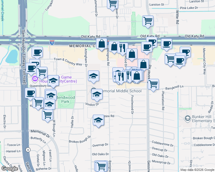 map of restaurants, bars, coffee shops, grocery stores, and more near 12466 Queensbury Lane in Houston
