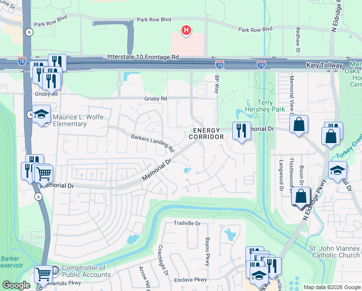 map of restaurants, bars, coffee shops, grocery stores, and more near 15571-15621 Memorial Drive in Houston