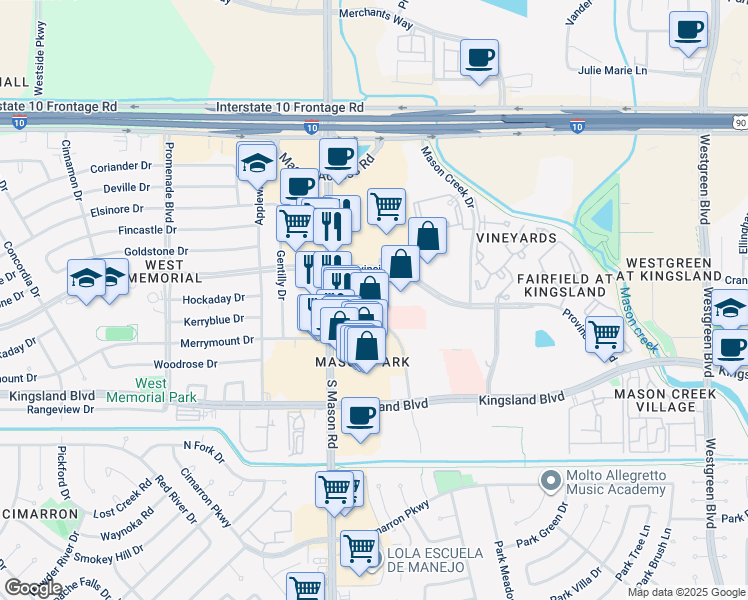 map of restaurants, bars, coffee shops, grocery stores, and more near 468 Park Grove Lane in Katy