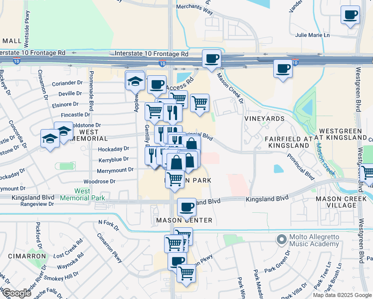 map of restaurants, bars, coffee shops, grocery stores, and more near 590 S Mason Rd in Katy