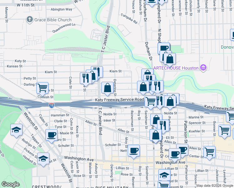 map of restaurants, bars, coffee shops, grocery stores, and more near 5231 Cornish Street in Houston