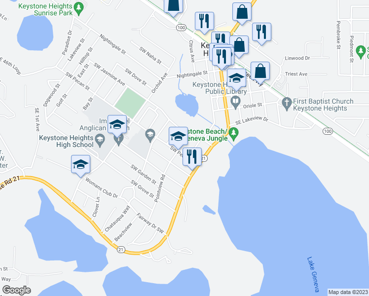 map of restaurants, bars, coffee shops, grocery stores, and more near 113 Southwest Pecan Street in Keystone Heights