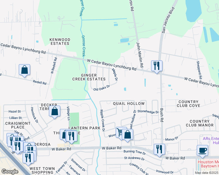 map of restaurants, bars, coffee shops, grocery stores, and more near 3303 Old Oaks Drive in Baytown