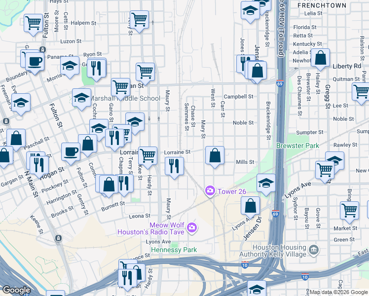 map of restaurants, bars, coffee shops, grocery stores, and more near 1822 Maury Street in Houston