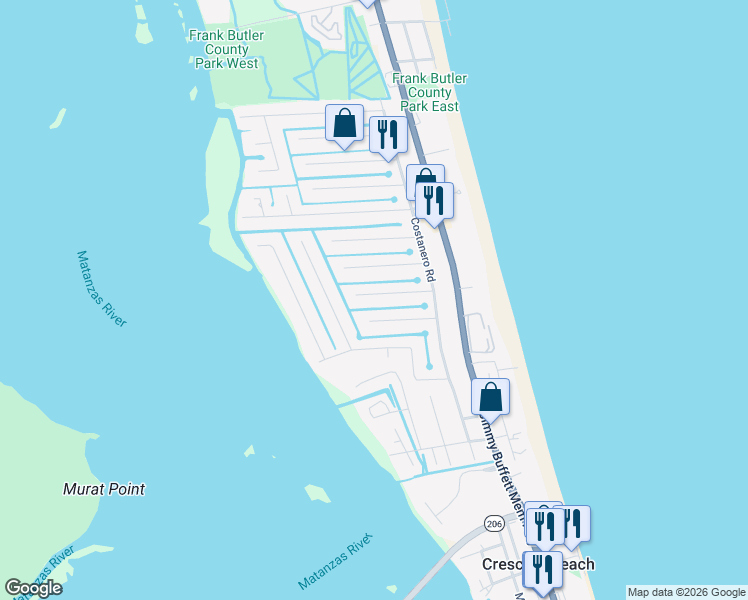 map of restaurants, bars, coffee shops, grocery stores, and more near 244 Barco Road in St. Augustine
