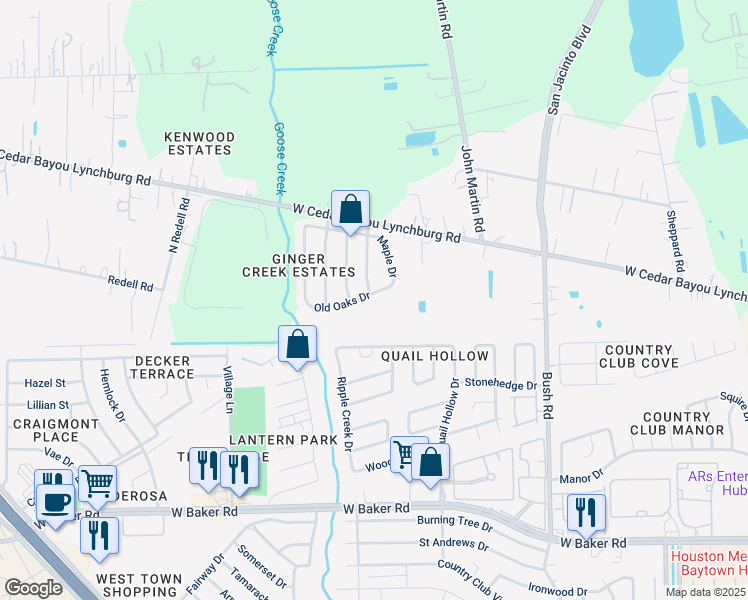 map of restaurants, bars, coffee shops, grocery stores, and more near 3303 Old Oaks Drive in Baytown