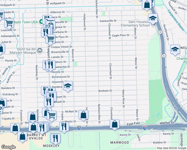 map of restaurants, bars, coffee shops, grocery stores, and more near 14231 Greenville Street in Houston