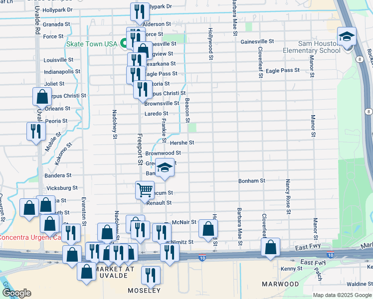 map of restaurants, bars, coffee shops, grocery stores, and more near 14115 Greenville Street in Houston