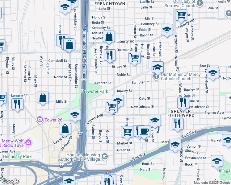 map of restaurants, bars, coffee shops, grocery stores, and more near 1902 Gregg Street in Houston