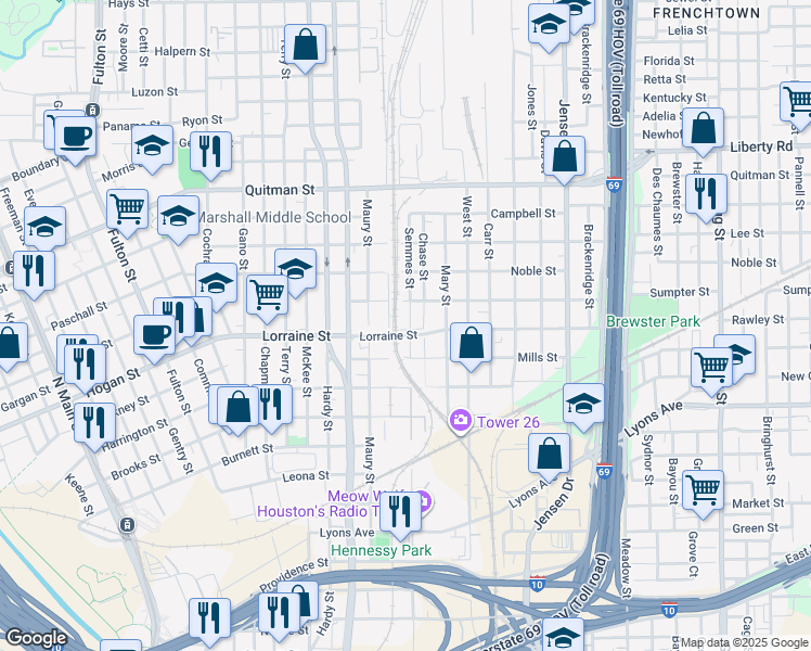 map of restaurants, bars, coffee shops, grocery stores, and more near 1822 Maury Street in Houston