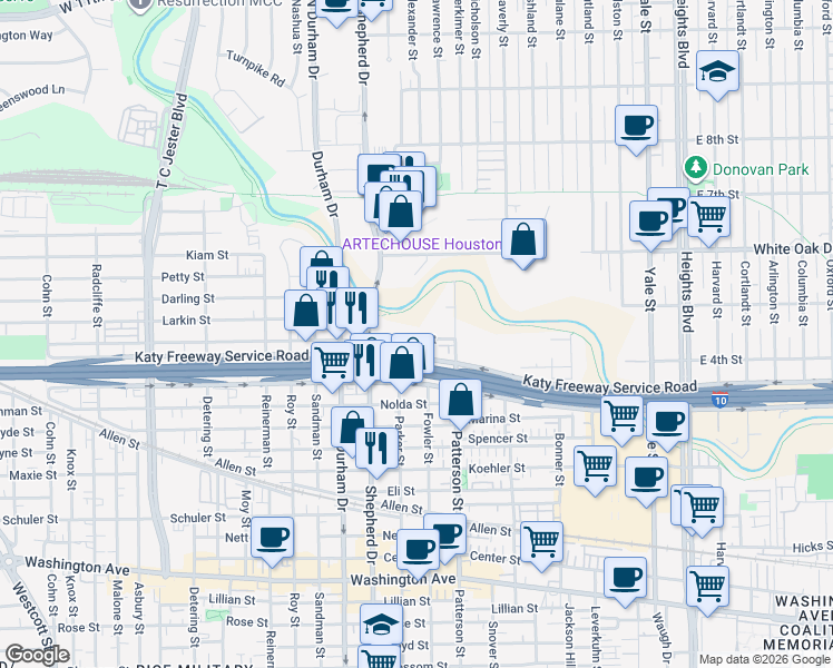 map of restaurants, bars, coffee shops, grocery stores, and more near 4602 Katy Freeway Service Road in Houston