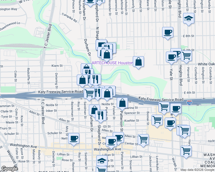 map of restaurants, bars, coffee shops, grocery stores, and more near 4740 U.S. 90 in Houston