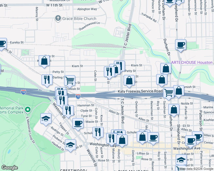 map of restaurants, bars, coffee shops, grocery stores, and more near 5523 Cornish Street in Houston