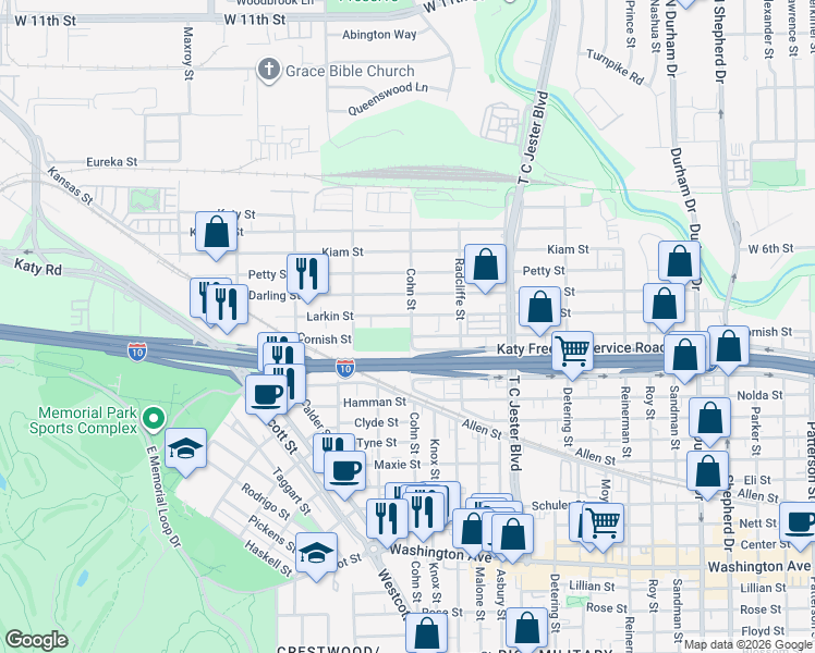 map of restaurants, bars, coffee shops, grocery stores, and more near 2100 Arabelle Street in Houston