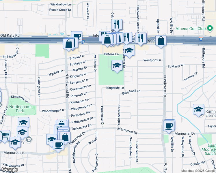 map of restaurants, bars, coffee shops, grocery stores, and more near 13730 Barryknoll Lane in Houston