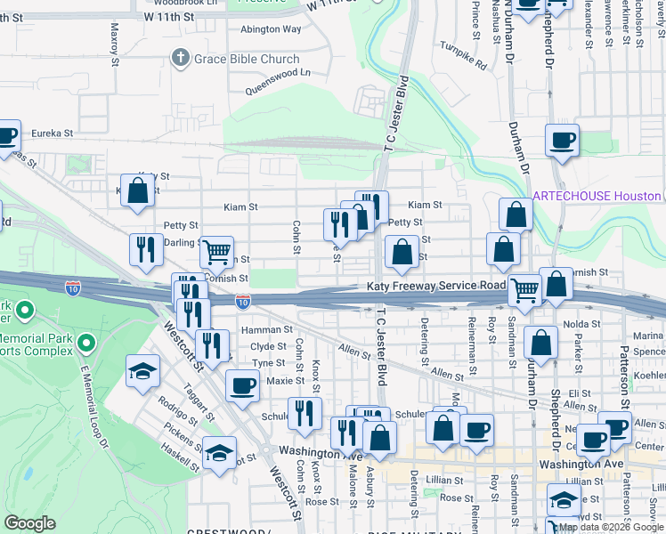 map of restaurants, bars, coffee shops, grocery stores, and more near 5523 Cornish Street in Houston