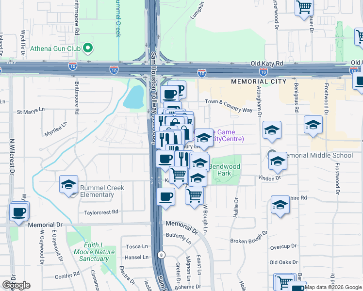 map of restaurants, bars, coffee shops, grocery stores, and more near 751 1/2 Town and Country Boulevard in Houston