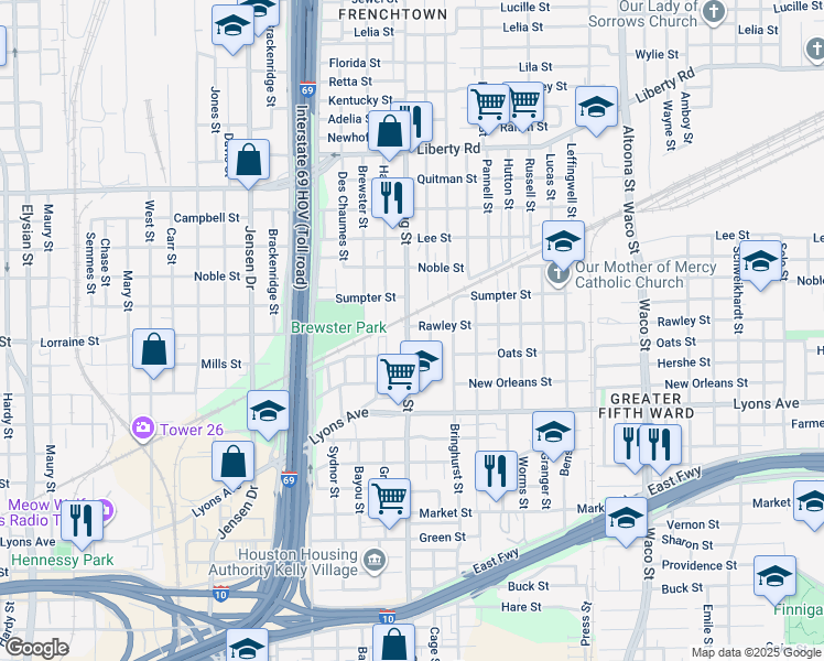 map of restaurants, bars, coffee shops, grocery stores, and more near 1902 Gregg Street in Houston
