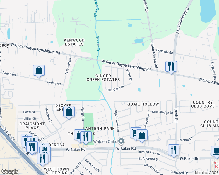 map of restaurants, bars, coffee shops, grocery stores, and more near 5102 Parsley Avenue in Baytown