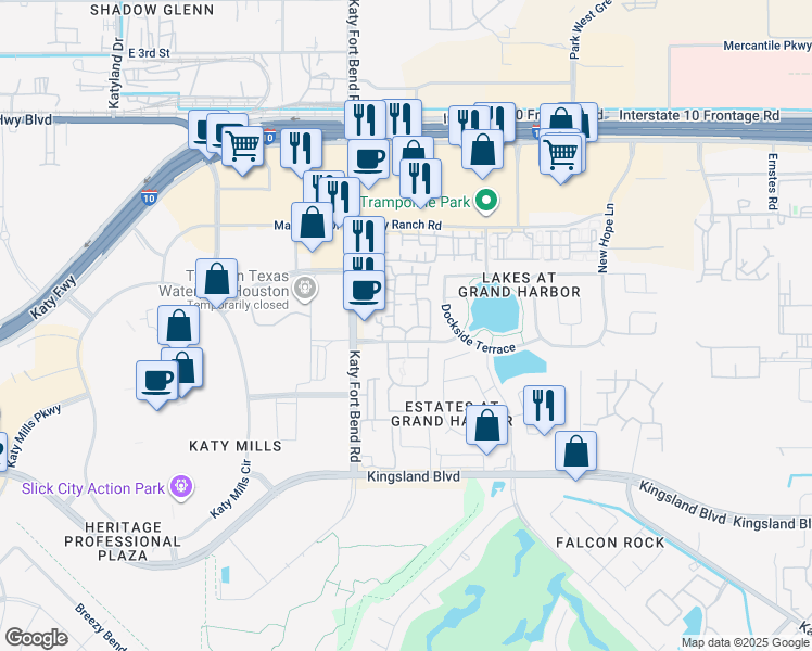 map of restaurants, bars, coffee shops, grocery stores, and more near 24758 Grand Harbor Drive in Katy