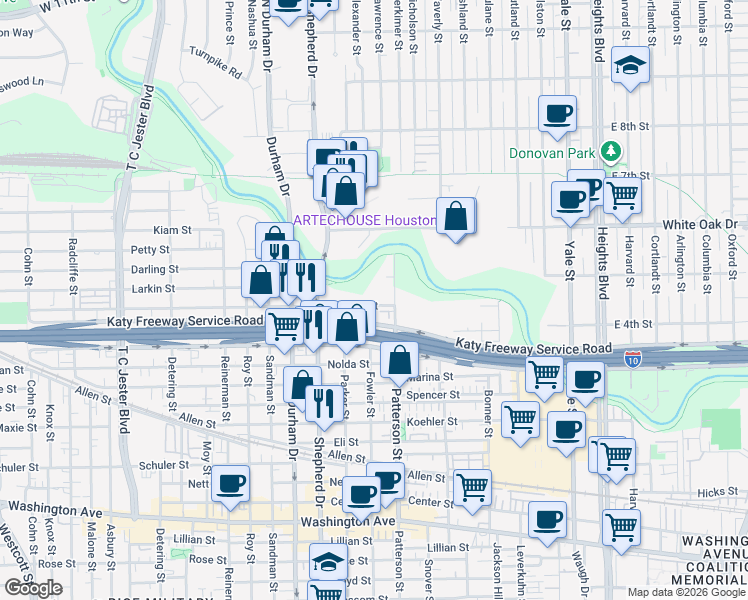 map of restaurants, bars, coffee shops, grocery stores, and more near 4518 Cornish Street in Houston