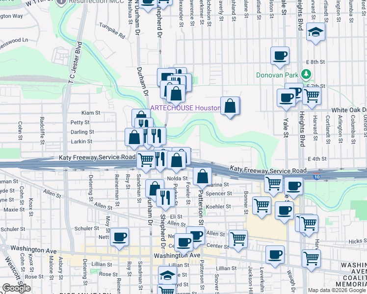 map of restaurants, bars, coffee shops, grocery stores, and more near 4602 Katy Freeway Service Road in Houston